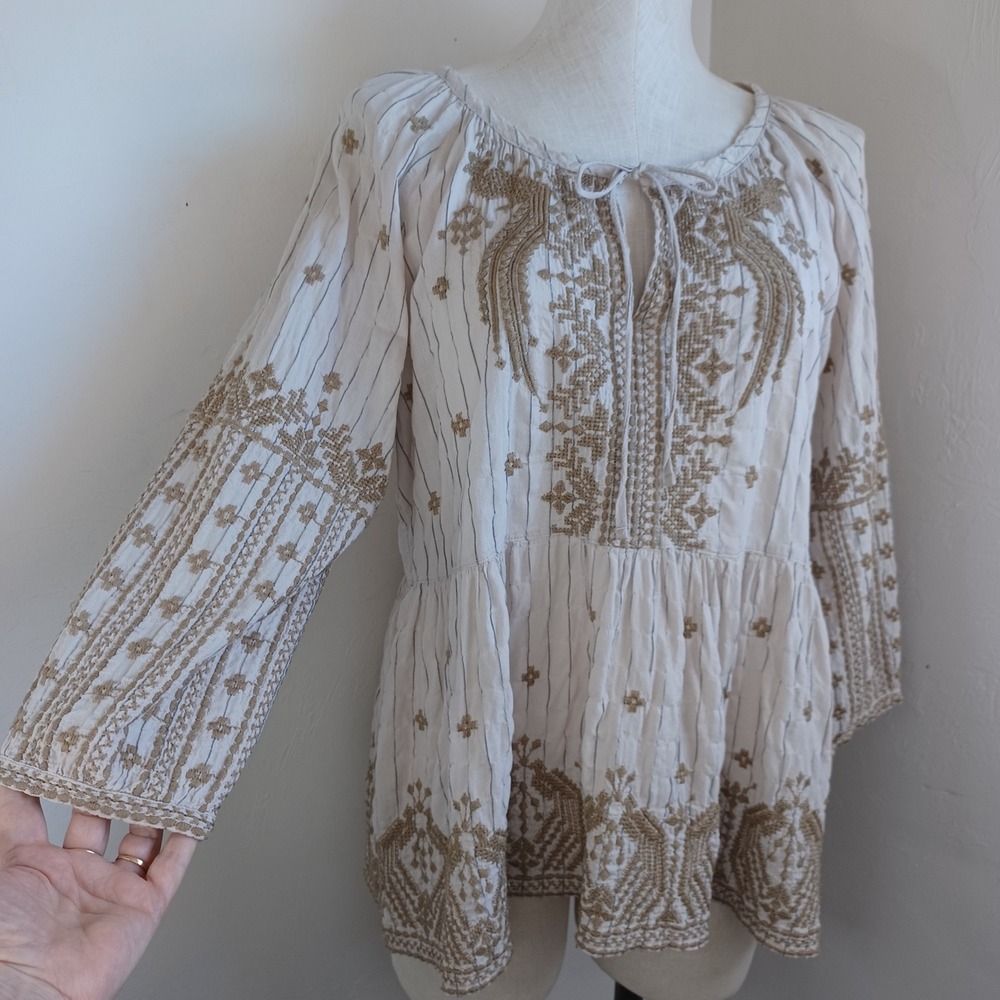Johnny Was Workshop Embroidered Pinstripe Peasant Blouse Cream Tan Sz L - Picture 7 of 12